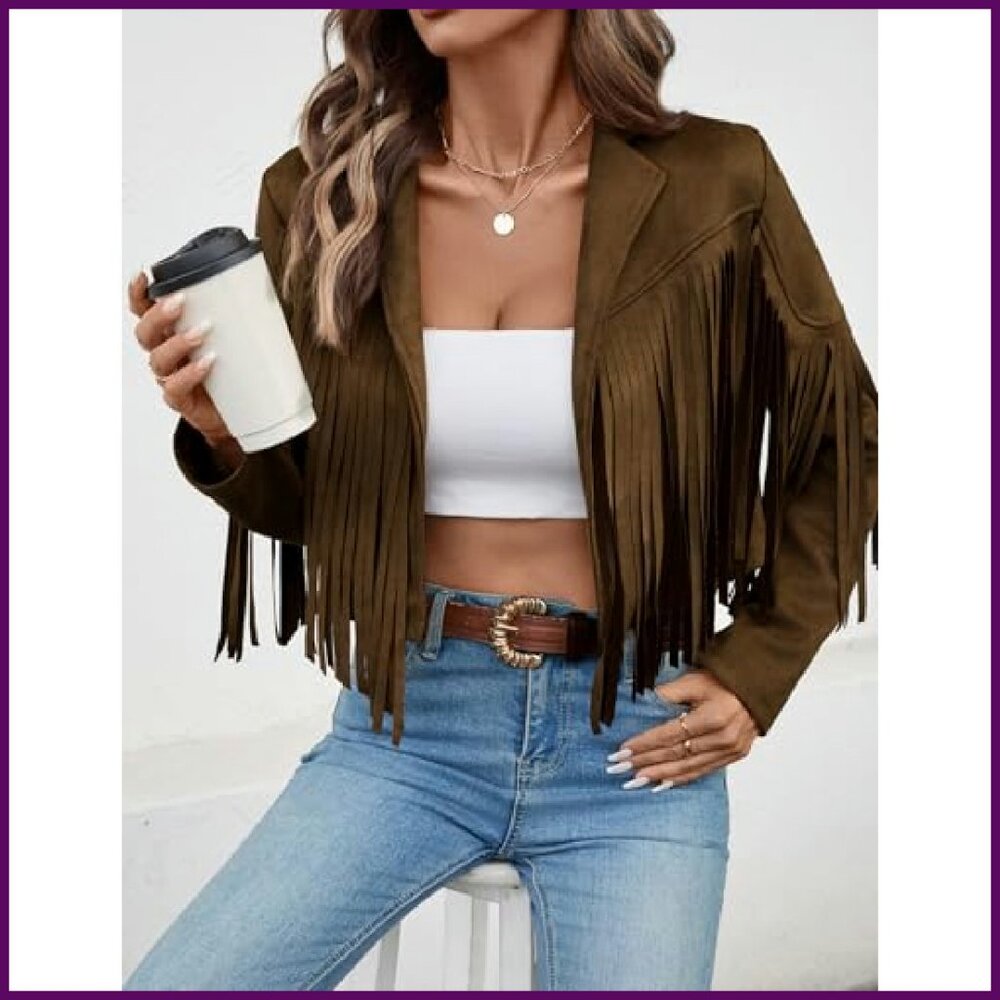 Faux Suede Cropped Jacket with Fringe Tassels, Lined, Western Style - Picture 5 of 8